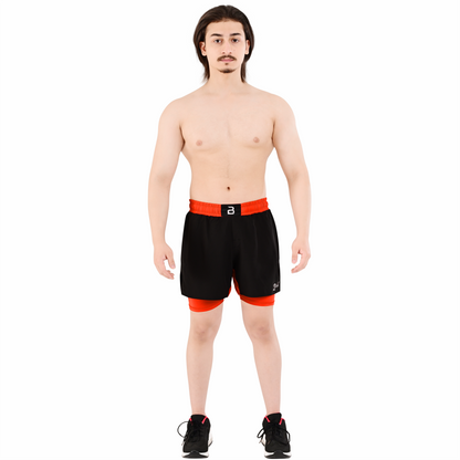 2BOLD Men’s Orange Black Compression Lined Workout Shorts – MMA, Gym, Running