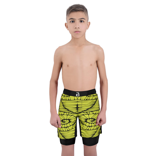 2BOLD Kids Yellow-Spiral 2-in-1 Hybrid Shorts – Bold Style, Superior Comfort & Pro-Level Performance