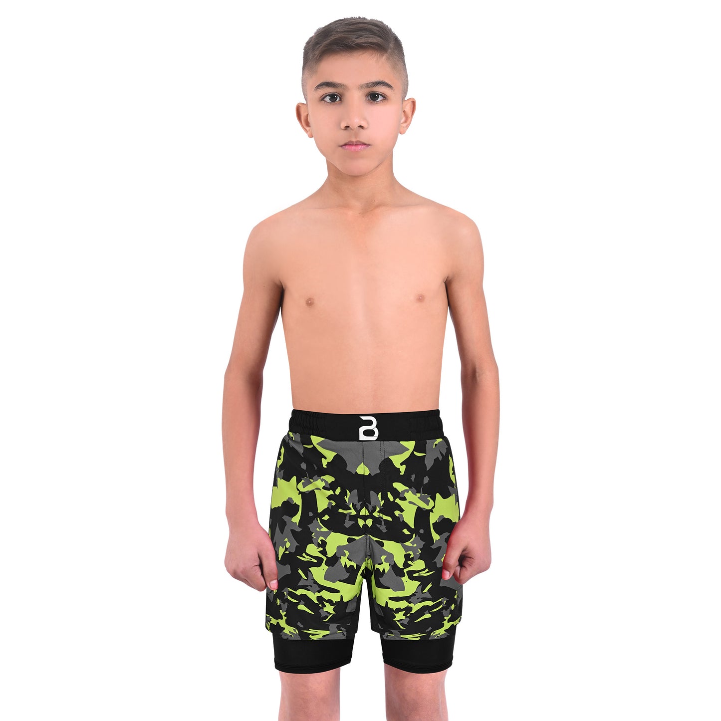 2BOLD Kids Green Camo 2-in-1 Hybrid Shorts – Built for Action, Designed for Champions