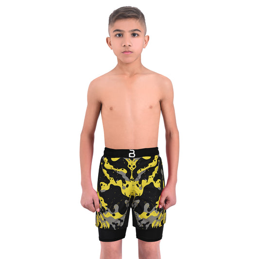 2BOLD Kids Yellow-Black 2-in-1 Hybrid Shorts – Bold Style, Superior Comfort & Pro-Level Performance