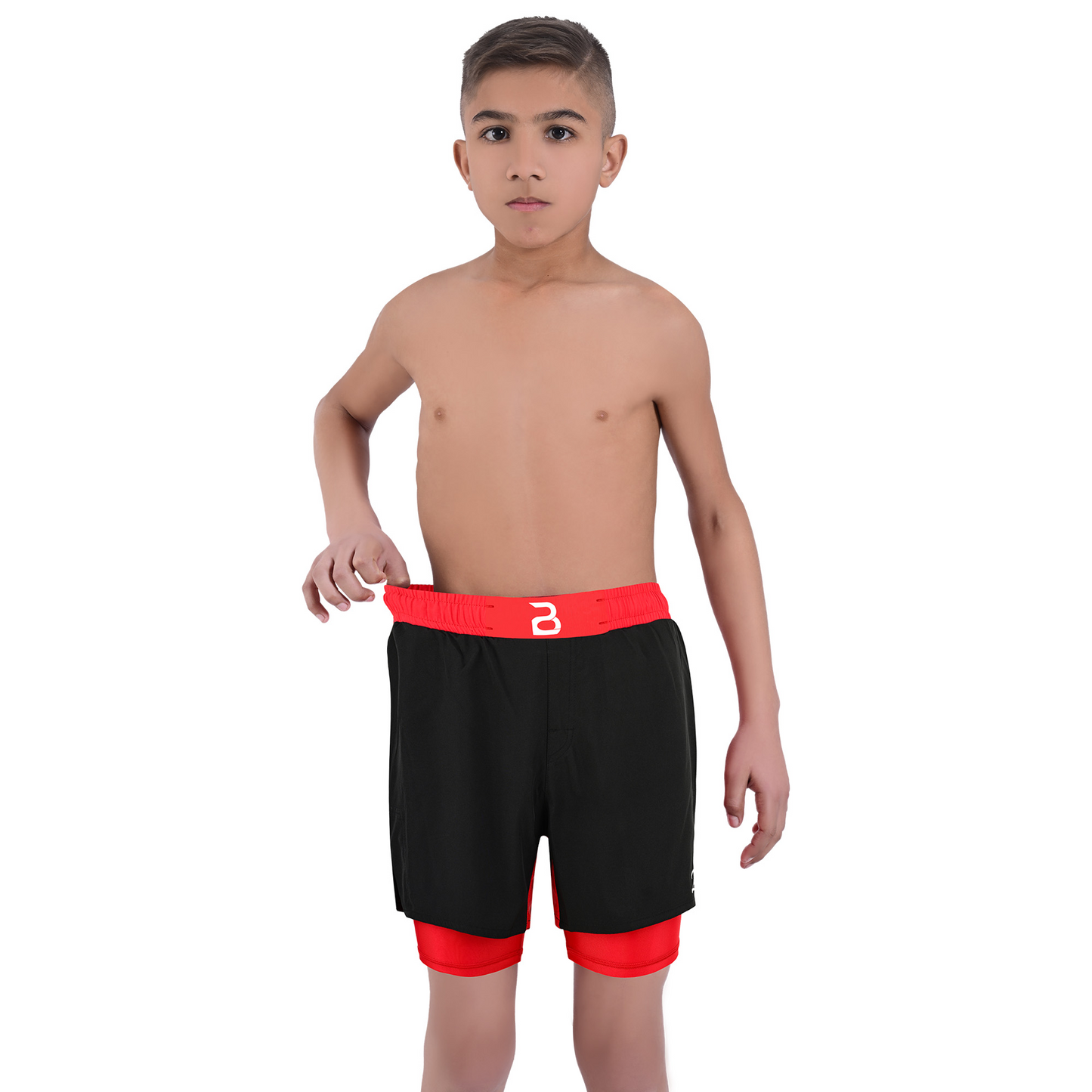 2BOLD Youth Red Black Hybrid Athletic Shorts | Compression Lined Boys Sports Shorts