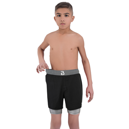2BOLD Youth Grey Black Hybrid Athletic Shorts | Compression Lined Boys Sports Shorts
