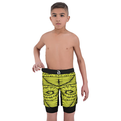 2BOLD Kids Yellow-Spiral 2-in-1 Hybrid Shorts – Bold Style, Superior Comfort & Pro-Level Performance