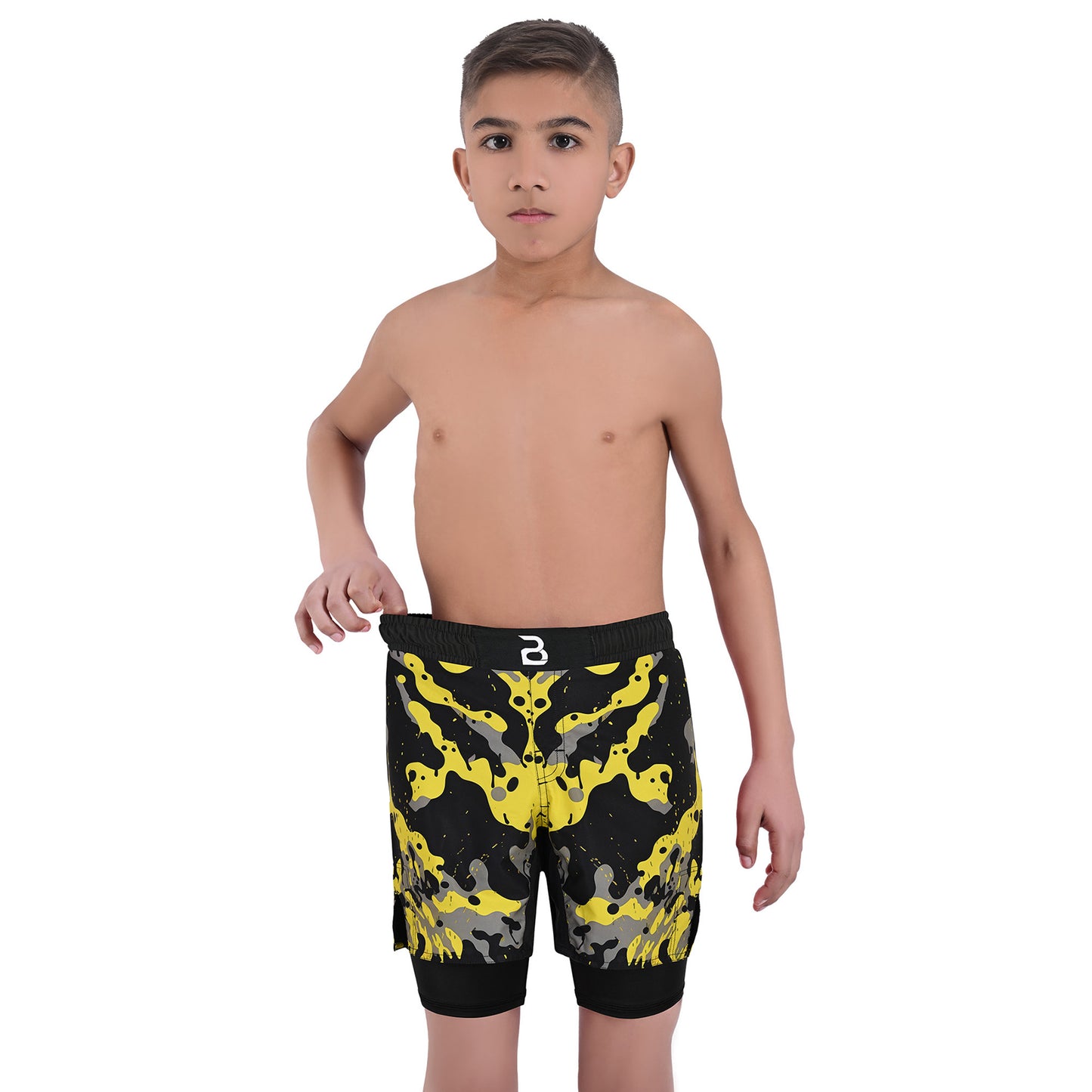2BOLD Kids Yellow-Black 2-in-1 Hybrid Shorts – Bold Style, Superior Comfort & Pro-Level Performance