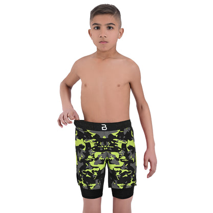 2BOLD Kids Green Camo 2-in-1 Hybrid Shorts – Built for Action, Designed for Champions