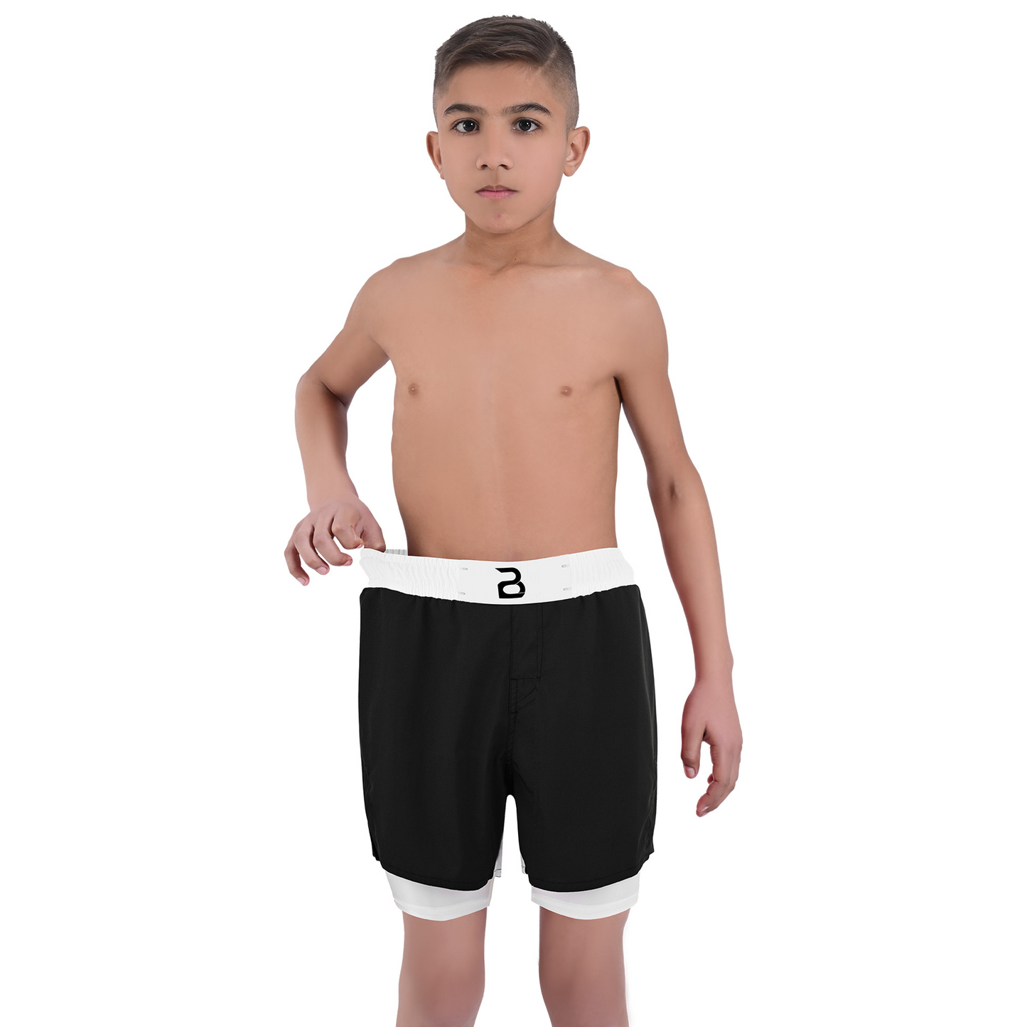 2BOLD Youth White Black Hybrid Athletic Shorts | Compression Lined Boys Sports Shorts