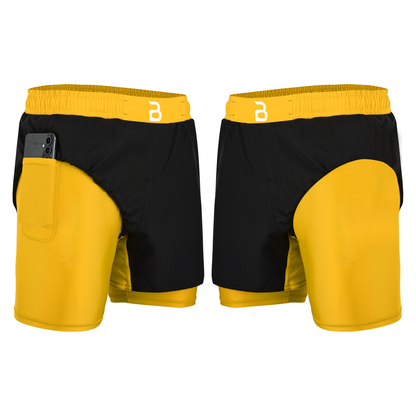 2BOLD Youth Yellow Black Hybrid Athletic Shorts | Compression Lined Boys Sports Shorts