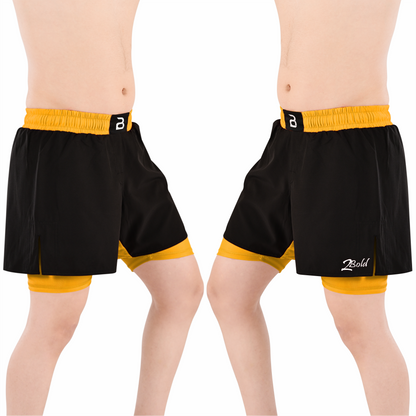 2BOLD Men’s Yellow Black Compression Lined Workout Shorts – MMA, Gym, Running