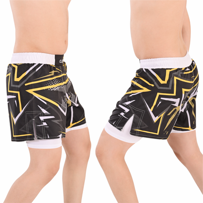 Men's Hybrid Yellow White Training Shorts – 2-in-1 MMA, BJJ, Running, Gym, Yoga, Sports Shorts with Phone Pocket