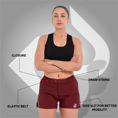 2BOLD Burgundy Women’s MMA Grappling Shorts – BJJ, No-Gi, Muay Thai, Yoga, Training & Workout Shorts