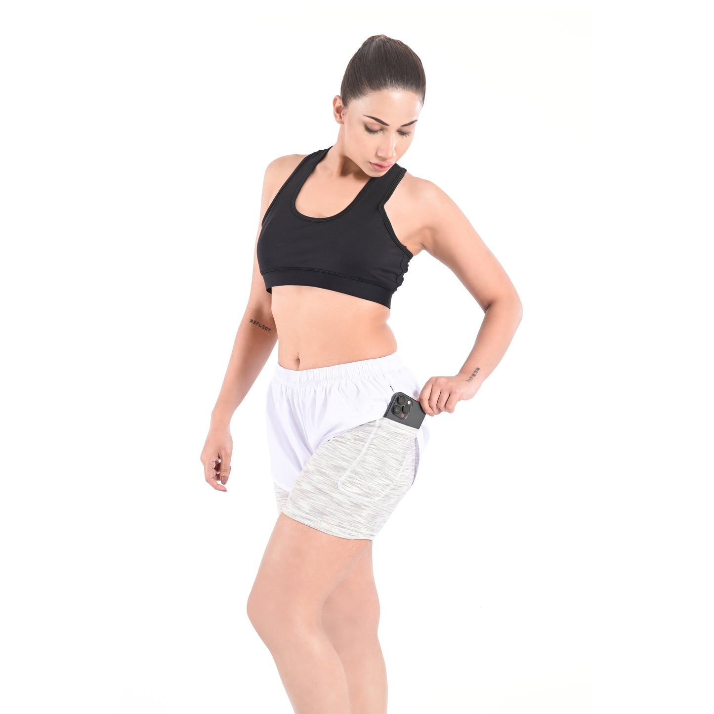 2Bold White Women’s 2-in-1 Running & MMA Training Shorts – Compression Liner With Phone Pockets