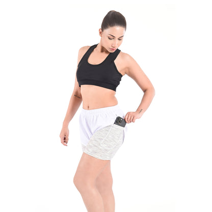 2Bold White Women’s 2-in-1 Running & MMA Training Shorts – Compression Liner With Phone Pockets