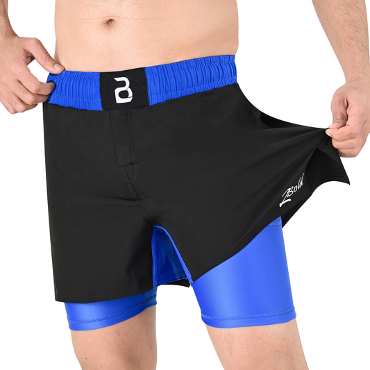 2BOLD Men’s Blue Black Compression Lined Workout Shorts – MMA, Gym, Running