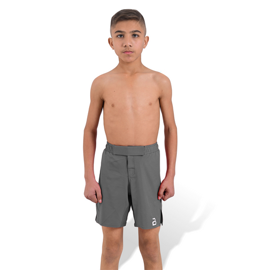 Youth MMA Grey Grappling Shorts – Kids BJJ No-Gi Fight Shorts for Training & Competition