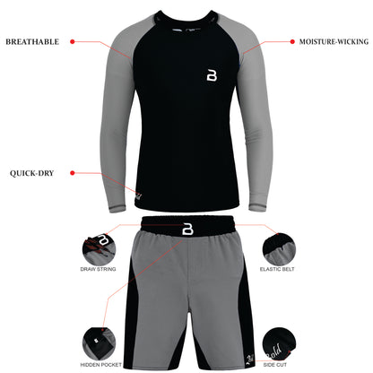 Kids BJJ Black-Grey Rash Guard and MMA Shorts Set