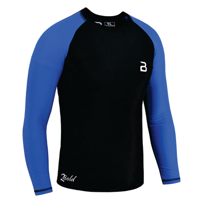 2Bold Black-Blue Kids BJJ Rash Guard - Youth No-Gi MMA Grappling Compression Shirt