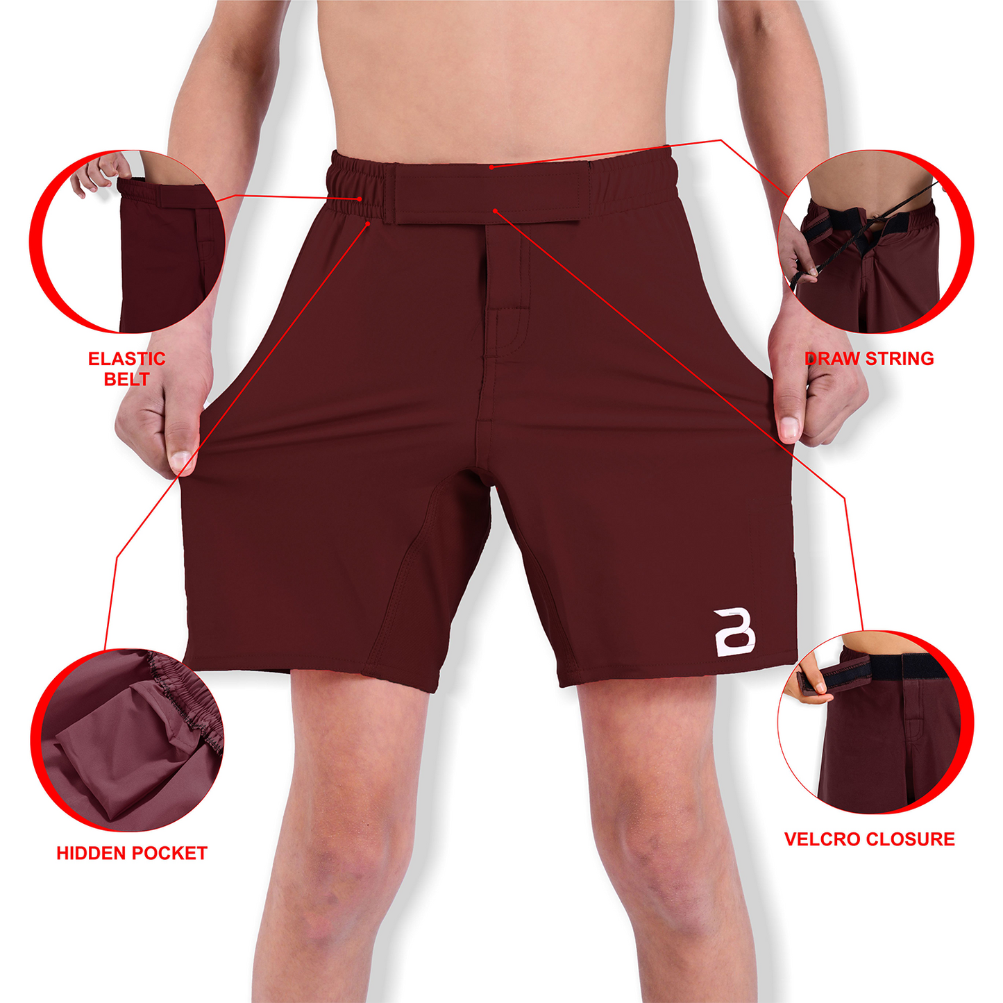 Youth MMA Burgundy Grappling Shorts – Kids BJJ No-Gi Fight Shorts for Training & Competition