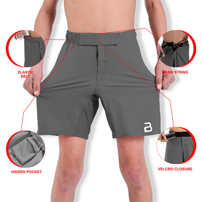 Youth MMA Grey Grappling Shorts – Kids BJJ No-Gi Fight Shorts for Training & Competition