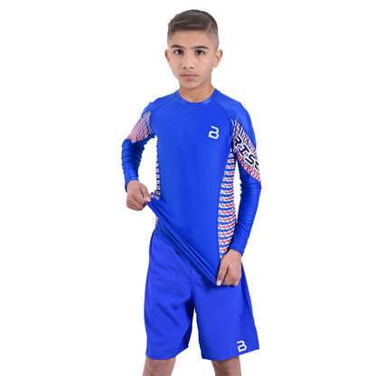 Kids Blue BJJ Rash Guard and MMA Shorts Set – Youth No-Gi Jiu Jitsu, Grappling, Training Gear