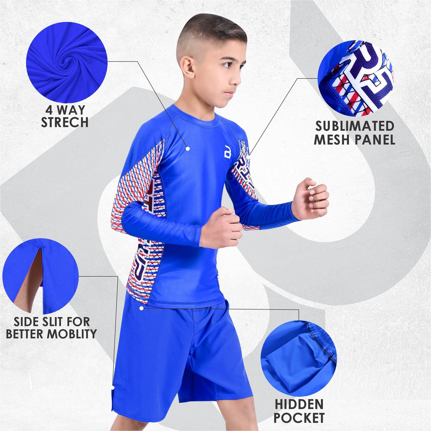 Kids Blue BJJ Rash Guard and MMA Shorts Set – Youth No-Gi Jiu Jitsu, Grappling, Training Gear