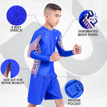 Kids Blue BJJ Rash Guard and MMA Shorts Set – Youth No-Gi Jiu Jitsu, Grappling, Training Gear