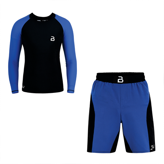 Kids BJJ Black-Blue Rash Guard and MMA Shorts Set – Youth No-Gi Jiu Jitsu, Grappling, Training Gear