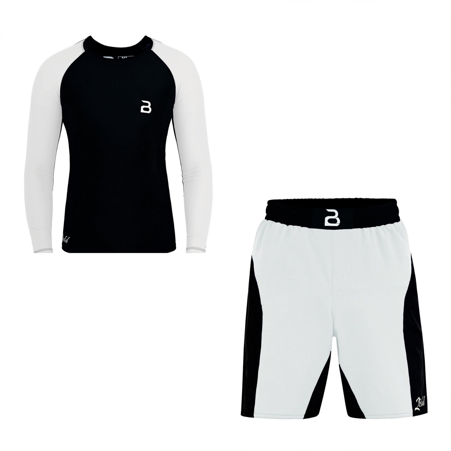 2BOLD Black-White Compression Rash Guard Shirt for Kids, Jiu Jitsu No Gi MMA Shorts Wrestling Workout Gym Set