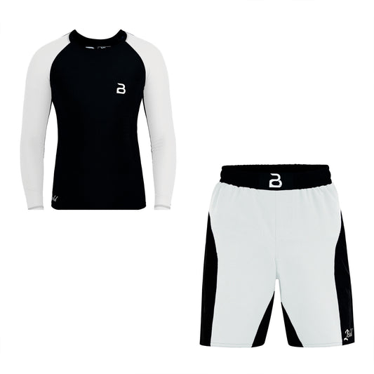 2BOLD Black-White Compression Rash Guard Shirt for Kids, Jiu Jitsu No Gi MMA Shorts Wrestling Workout Gym Set