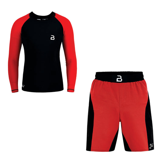 2BOLD Black-Red Compression Rash Guard Shirt for Kids, Jiu Jitsu No Gi MMA Shorts 2PC Quick Dry Wrestling Workout Gym Set