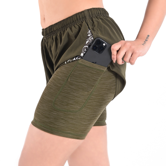 2Bold Green Women’s 2-in-1 Running & MMA Training Shorts – Compression Liner With Phone Pockets