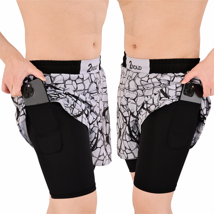 Men's Grey  Grid Hybrid Training Shorts – 2-in-1 MMA, BJJ, Running, Gym, Yoga, Sports Shorts with Phone Pocket