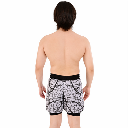 Men's Grey  Grid Hybrid Training Shorts – 2-in-1 MMA, BJJ, Running, Gym, Yoga, Sports Shorts with Phone Pocket
