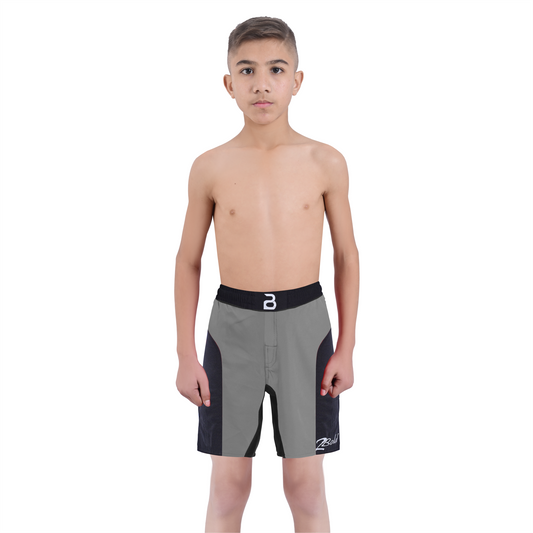 Youth Mma Grey\Black Shorts – Kids BJJ No-Gi Fight Shorts for Training & Competition