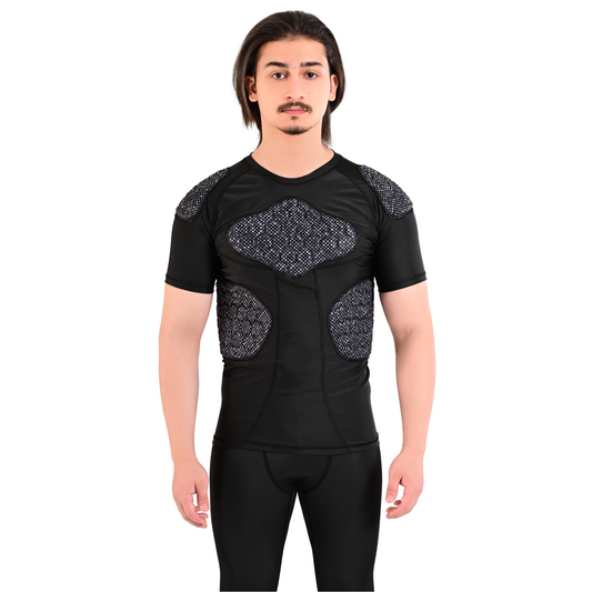 Adult Grey Black Combat Sports Padded Compression Shirt for Football, Basketball, Lacrosse – Chest & Rib Protector for Combat Sports