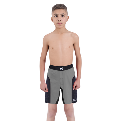 Youth Mma Grey\Black Shorts – Kids BJJ No-Gi Fight Shorts for Training & Competition