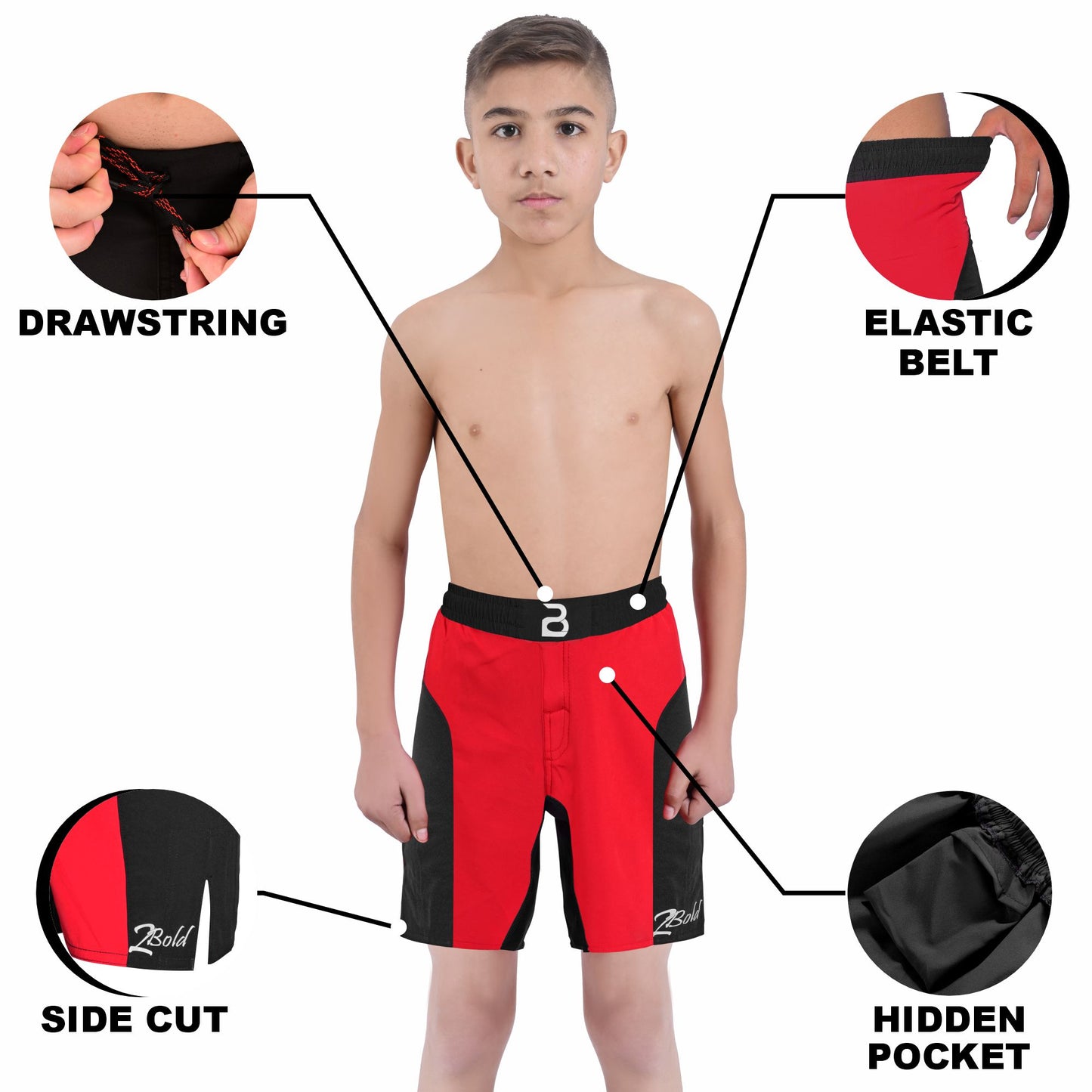 Youth Mma Red\Black Shorts – Kids BJJ No-Gi Fight Shorts for Training & Competition