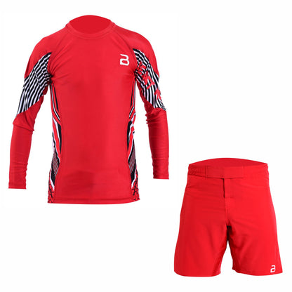 Kids Red BJJ Rash Guard and MMA Shorts Set – Youth No-Gi Jiu Jitsu, Grappling, Training Gear