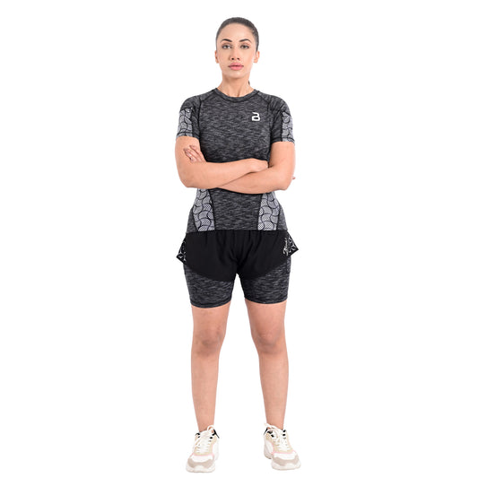 2Bold Gray Black Women’s MMA Rash Guard and Shorts Set – BJJ, No-Gi, Grappling, Jiu-Jitsu, Muay Thai, Training & Workout Gear