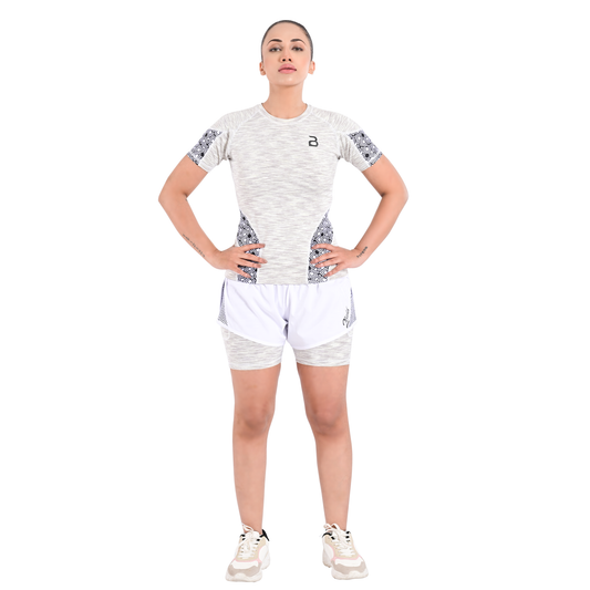 2Bold White Women’s MMA Rash Guard and Shorts Set – BJJ, No-Gi, Grappling, Jiu-Jitsu, Muay Thai, Training & Workout Gear