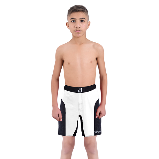 Youth Mma White\Black Shorts – Kids BJJ No-Gi Fight Shorts for Training & Competition