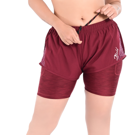 2Bold Burgundy Women’s 2-in-1 Running & MMA Training Shorts – Compression Liner With Phone Pockets