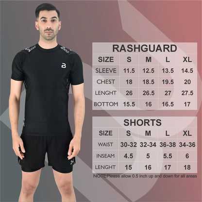 2Bold Men’s Black BJJ Rash Guard and MMA Shorts Set – Jiujitsu, Grappling, Kickboxing Training Gear
