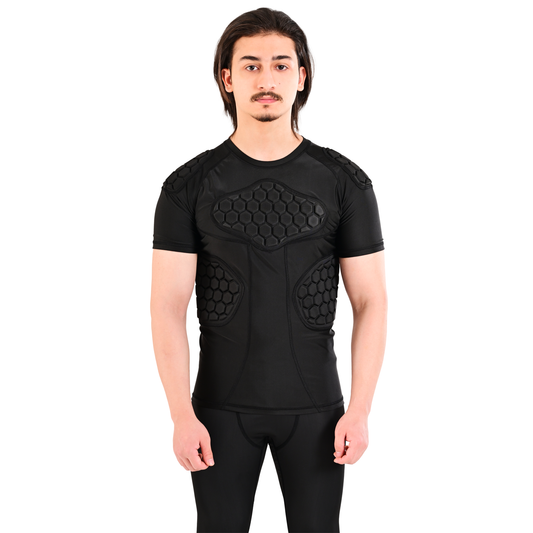 Adult Black Padded Compression Shirt for Football, Basketball, Lacrosse – Chest & Rib Protector for Combat Sports