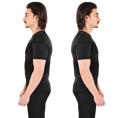 Adult Black Padded Compression Shirt for Football, Basketball, Lacrosse – Chest & Rib Protector for Combat Sports
