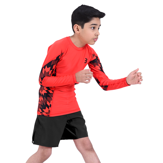 Kids Orange BJJ Rash Guard and MMA Shorts Set – Youth No-Gi Jiu Jitsu, Grappling, Training Gear