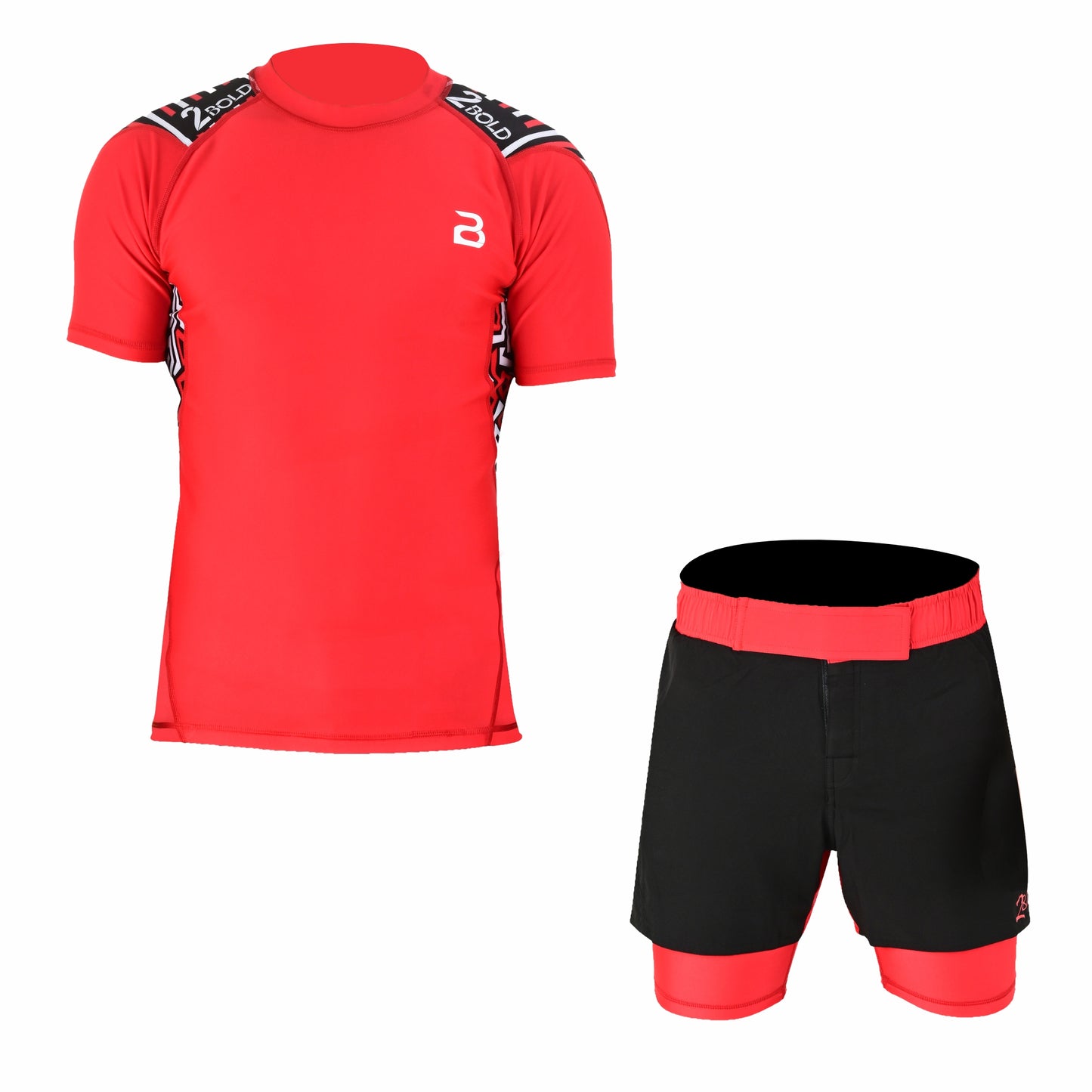 2Bold Men’s Red BJJ Rash Guard and MMA Shorts Set – Jiujitsu, Grappling, Kickboxing Training Gear