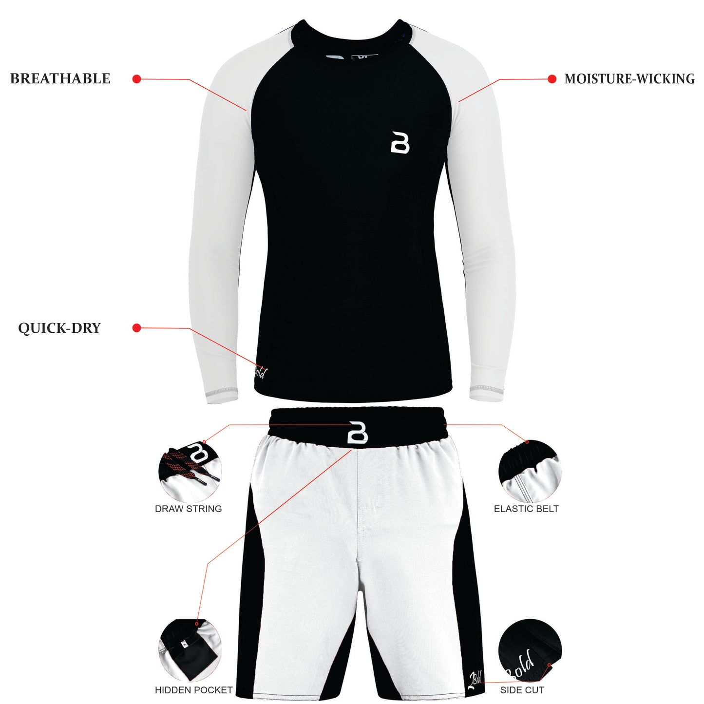 2BOLD Black-White Compression Rash Guard Shirt for Kids, Jiu Jitsu No Gi MMA Shorts Wrestling Workout Gym Set