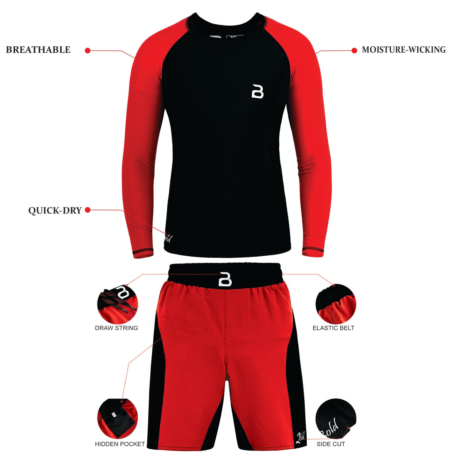 2BOLD Black-Red Compression Rash Guard Shirt for Kids, Jiu Jitsu No Gi MMA Shorts 2PC Quick Dry Wrestling Workout Gym Set