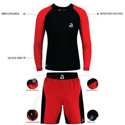 2BOLD Black-Red Compression Rash Guard Shirt for Kids, Jiu Jitsu No Gi MMA Shorts 2PC Quick Dry Wrestling Workout Gym Set