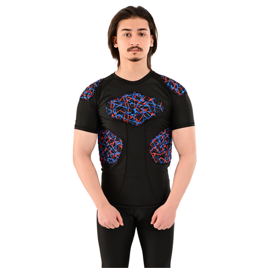 Adult Blue Red Blue Combat Sports Padded Compression Shirt for Football, Basketball, Lacrosse – Chest & Rib Protector for Combat Sports